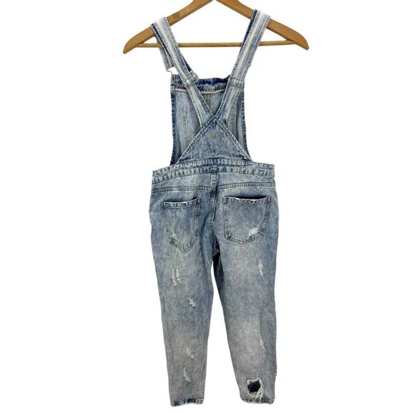 Forever 21 Distressed Acid Wash Denim Crop Overalls Y2K Look Women's Size SMALL - Picture 2 of 7